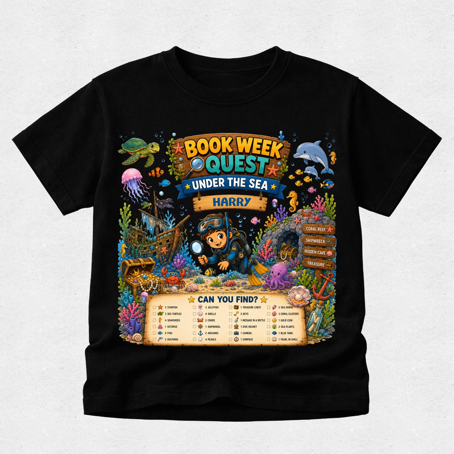 A black short-sleeve t-shirt with a colorful graphic print on the front featuring an underwater scene and a 'Book Week Quest Under the Sea Harry' treasure hunt checklist.