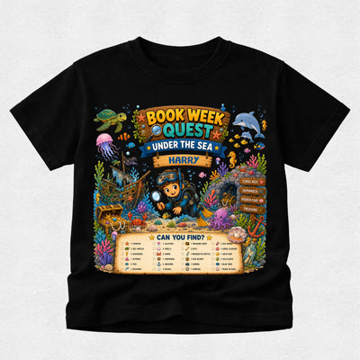 A black short-sleeve t-shirt with a colorful graphic print on the front featuring an underwater scene and a 'Book Week Quest Under the Sea Harry' treasure hunt checklist.