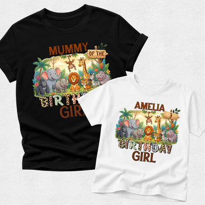 Black and white t-shirts with animal-themed designs on a white background