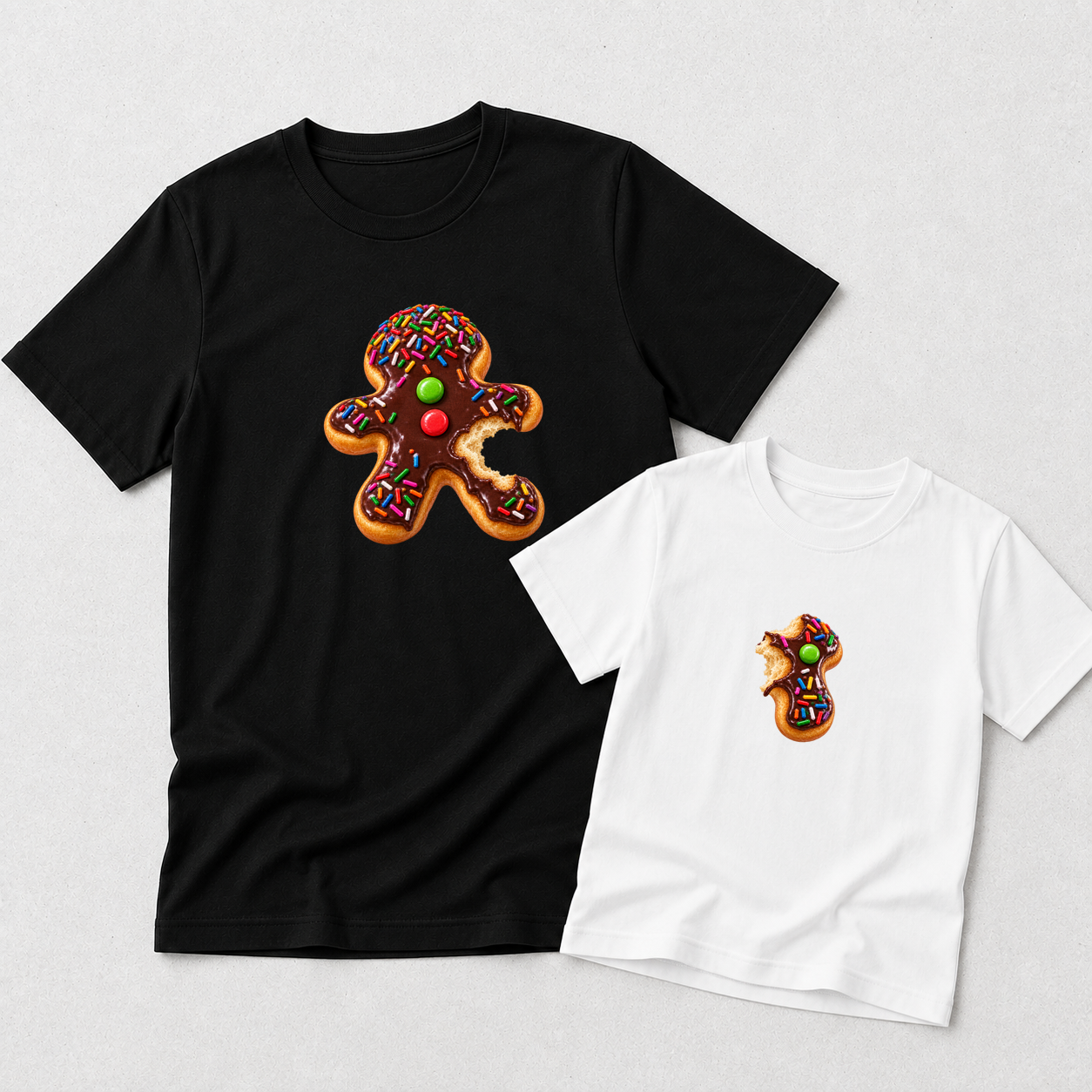 A black short-sleeve T-shirt and a white short-sleeve T-shirt laid flat on a light gray background. Each shirt has a colorful gingerbread man graphic on the chest, with the larger shirt showing a bigger version of the print.
