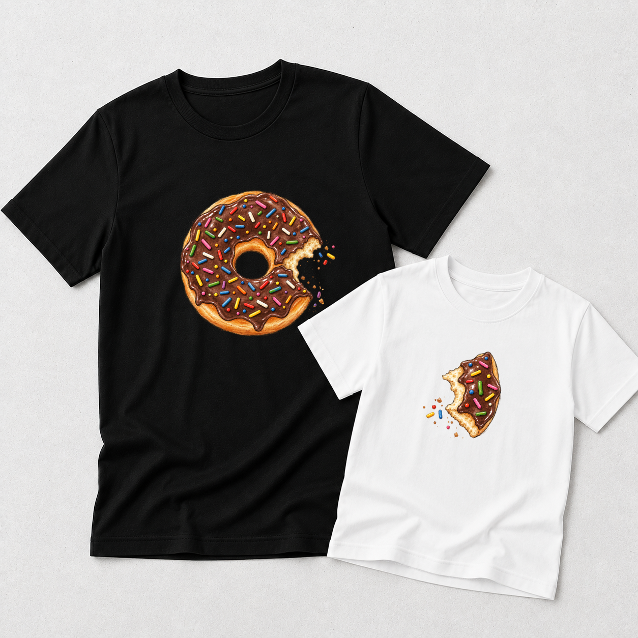 A black short-sleeve T-shirt and a white short-sleeve T-shirt laid flat on a light gray background. The black shirt features a large illustrated donut with colorful sprinkles and a bite taken out, while the white shirt has a smaller matching donut graphic on the chest.