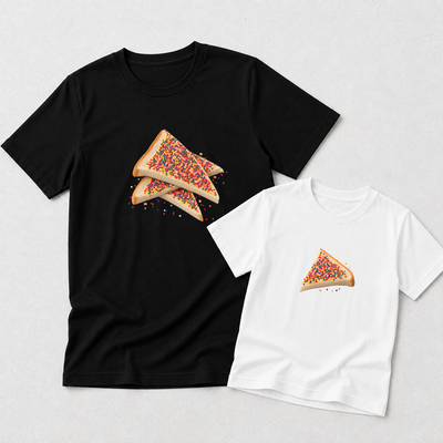 A black short-sleeve T-shirt and a white short-sleeve T-shirt laid flat on a light gray background. Both shirts feature a printed graphic of two overlapping slices of pizza topped with colorful sprinkles.