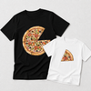 A black short-sleeve T-shirt and a white short-sleeve T-shirt laid flat on a light gray background. The larger black shirt features a large printed pizza graphic with several slices missing, and the smaller white shirt features a smaller matching pizza slice graphic.