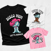 Three t-shirts with disco-themed designs on a white background