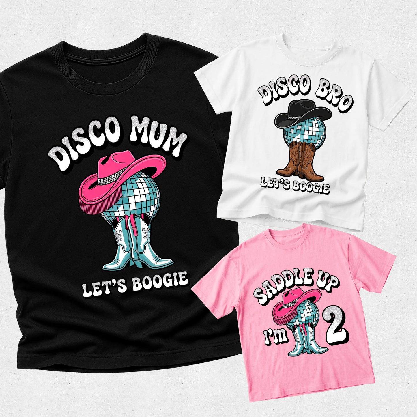 Three t-shirts with disco-themed designs on a white background