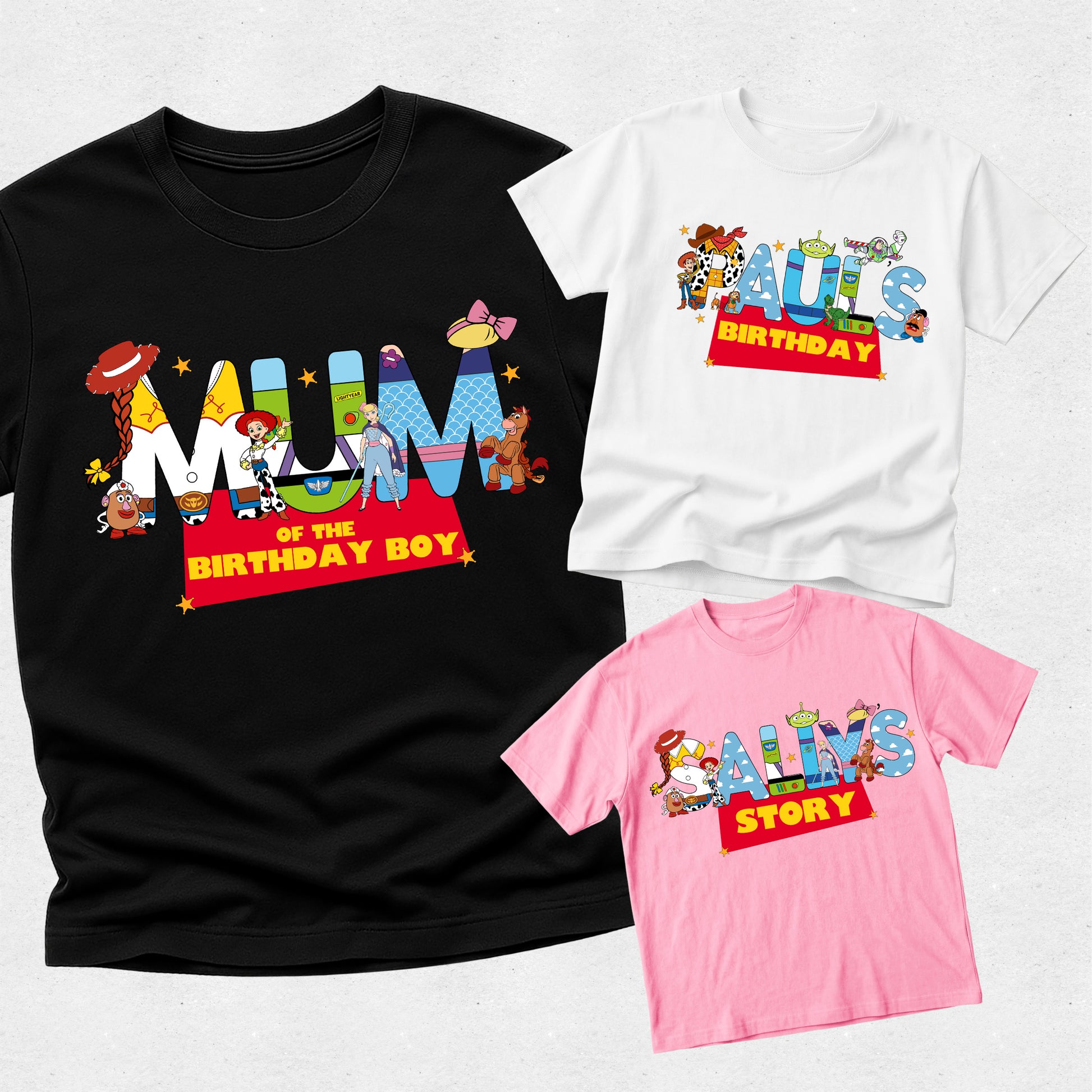Three shirts with colorful text and character graphics on a white background