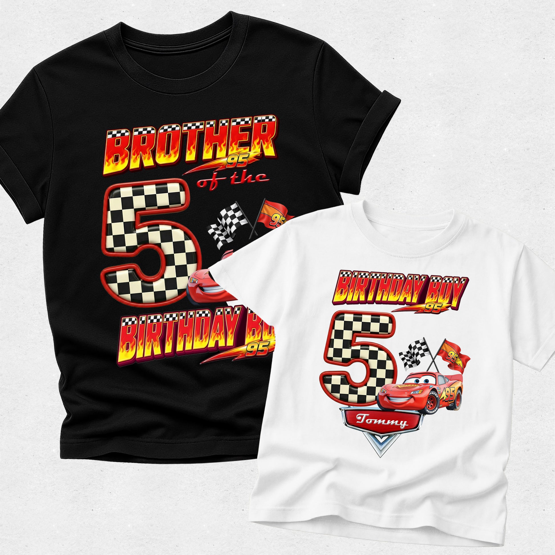 Black and white t-shirts with race car-themed designs on a light gray background