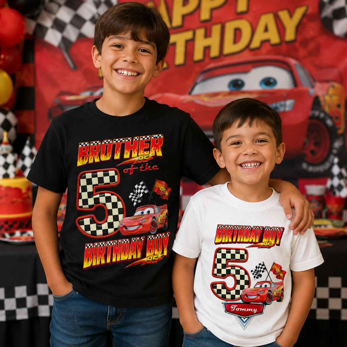 Two boys wearing birthday-themed shirts with a colorful background featuring a car and 'Happy Birthday' text.