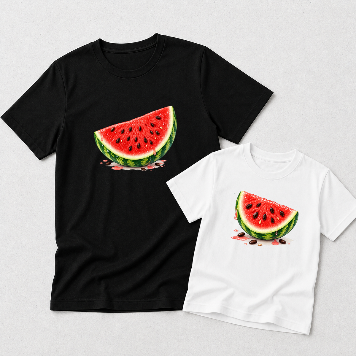 Two watermelon-themed graphic t-shirts displayed on a light gray background, one adult-sized black t-shirt and one child-sized white t-shirt, both featuring a watermelon slice illustration on the chest.