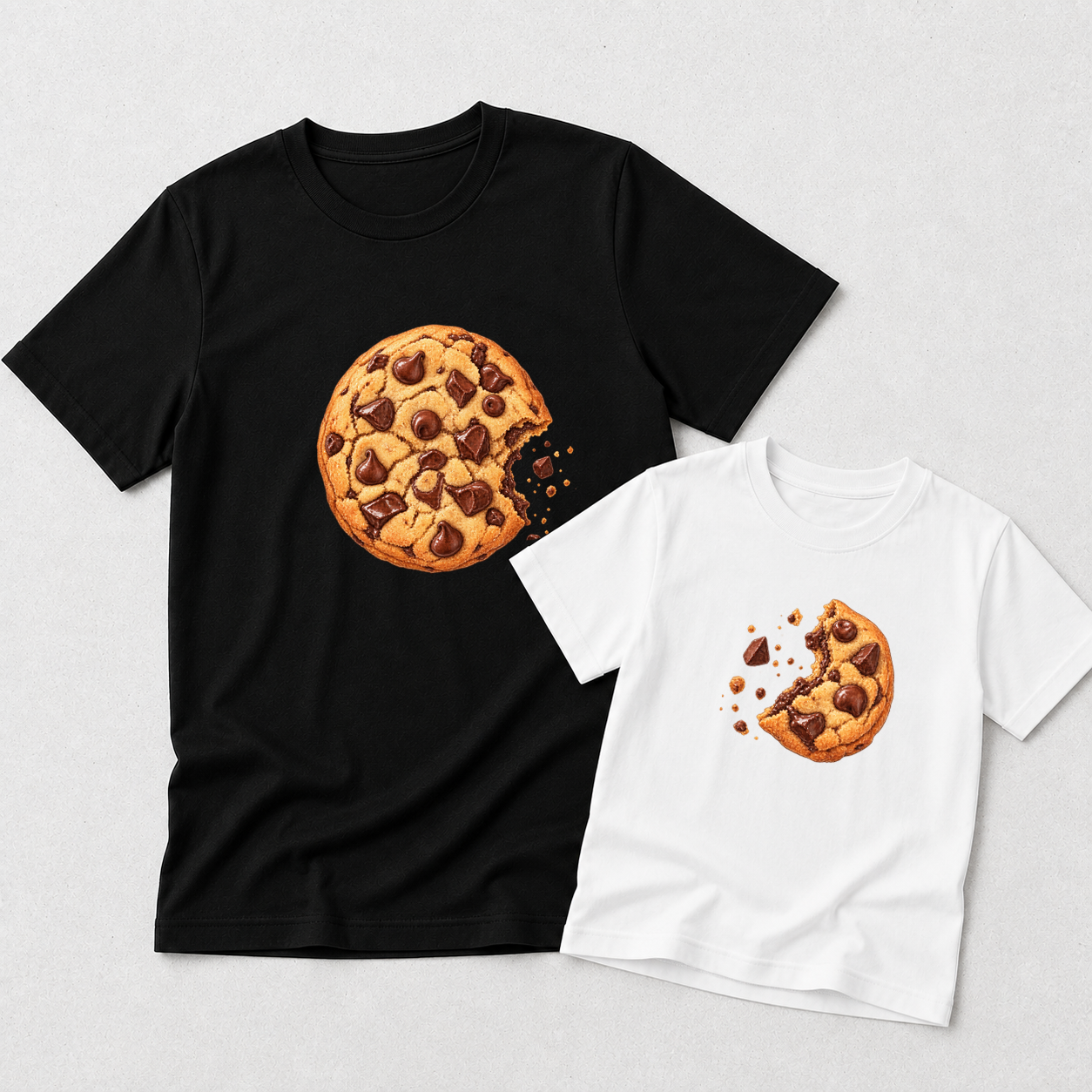 A black short-sleeve T-shirt and a white short-sleeve T-shirt laid flat on a light gray background. Each shirt features a printed illustration of a chocolate chip cookie with a bite taken out, in warm brown and orange tones.