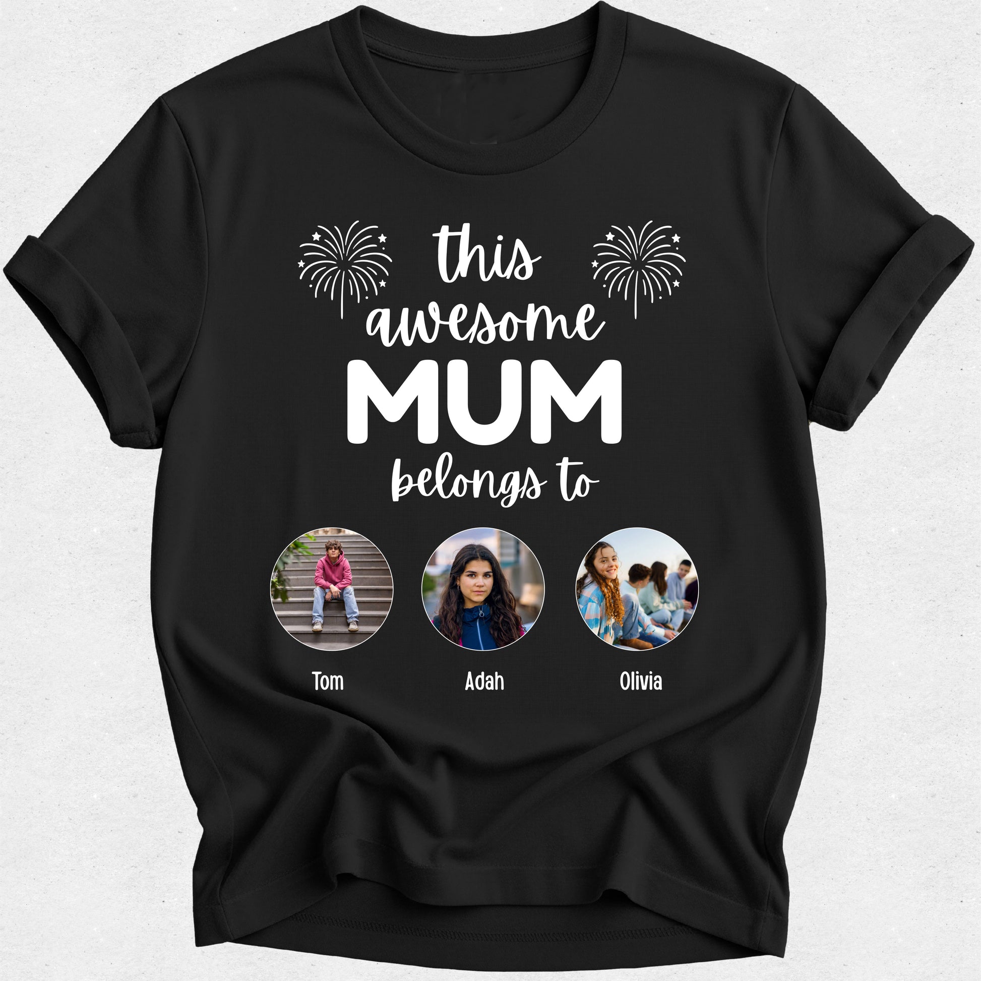Black t-shirt with 'This awesome mum belongs to' text and three circular images of children on a white background.