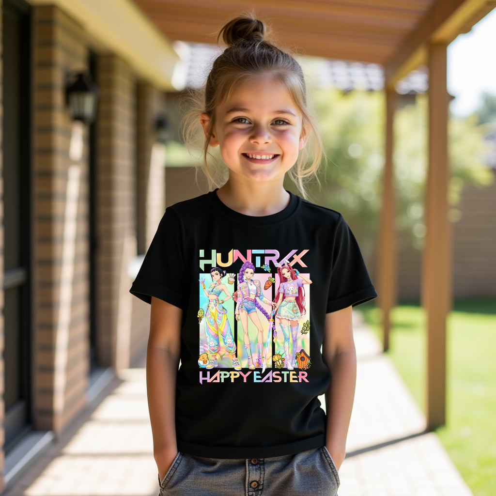 Child wearing a black t-shirt with colorful graphics and text, standing outdoors.