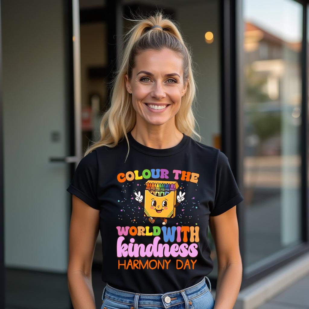 Woman wearing a black t-shirt with colorful text and graphics, standing in front of a building.