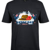 Black t-shirt with ANZAC Day design featuring a hat, poppies, and Australian flag on a white background.