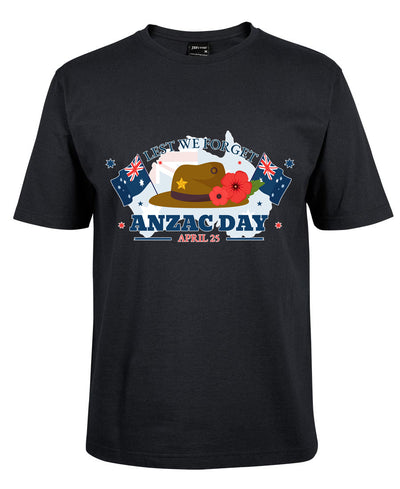 Black t-shirt with ANZAC Day design featuring a hat, poppies, and Australian flag on a white background.