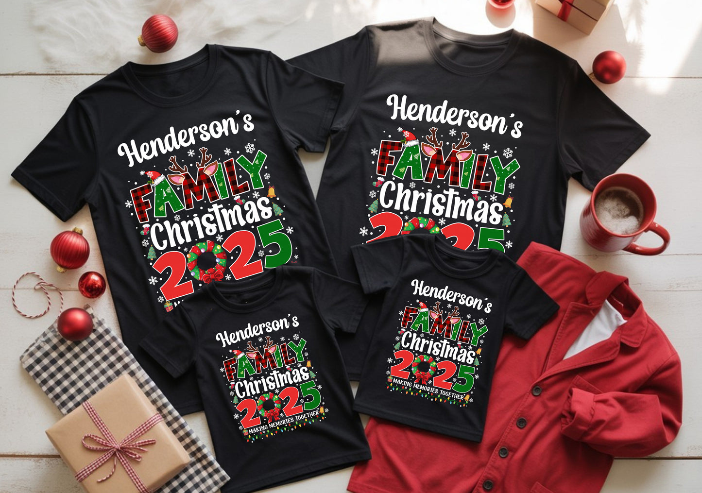 Matching family Christmas t-shirts featuring simple festive design, soft and comfortable