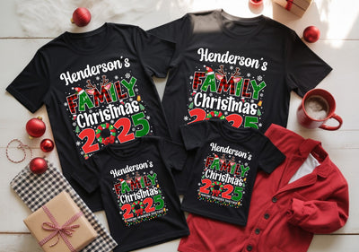 Matching family Christmas t-shirts featuring simple festive design, soft and comfortable
