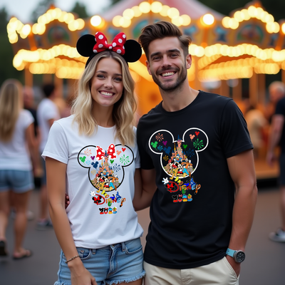 Park Day Adventure Disney inspired t-shirts – couple wearing matching black and white tees