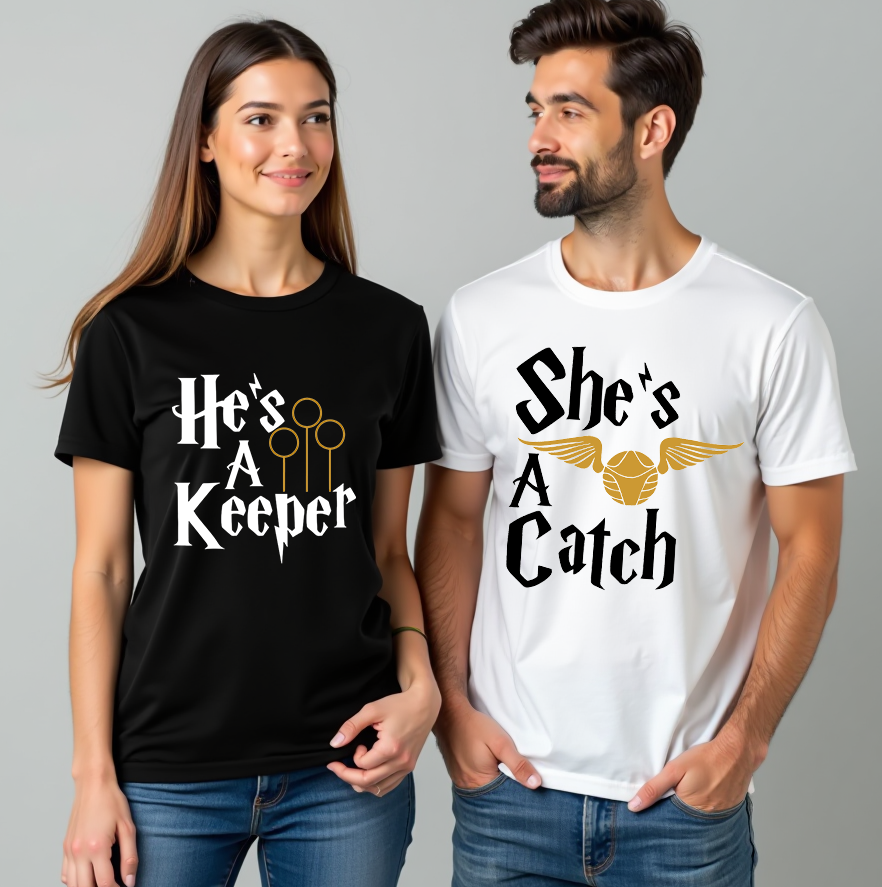 Matching couple t-shirts – She's a Catch & He's a Keeper, fun relationship tees