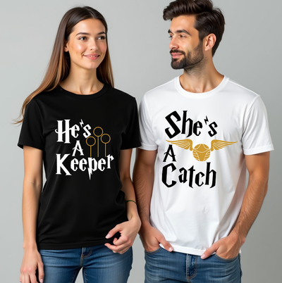Matching couple t-shirts – She's a Catch & He's a Keeper, fun relationship tees