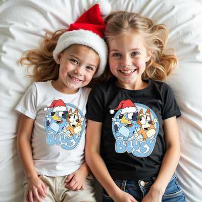 Bluey inspired Christmas tee with Bluey and Bingo in Santa hats