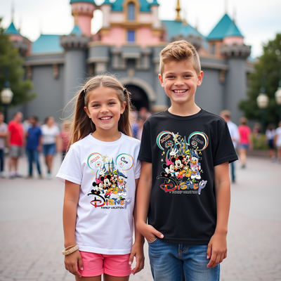 Two children wearing Disney-themed t-shirts in front of a castle-like structure.