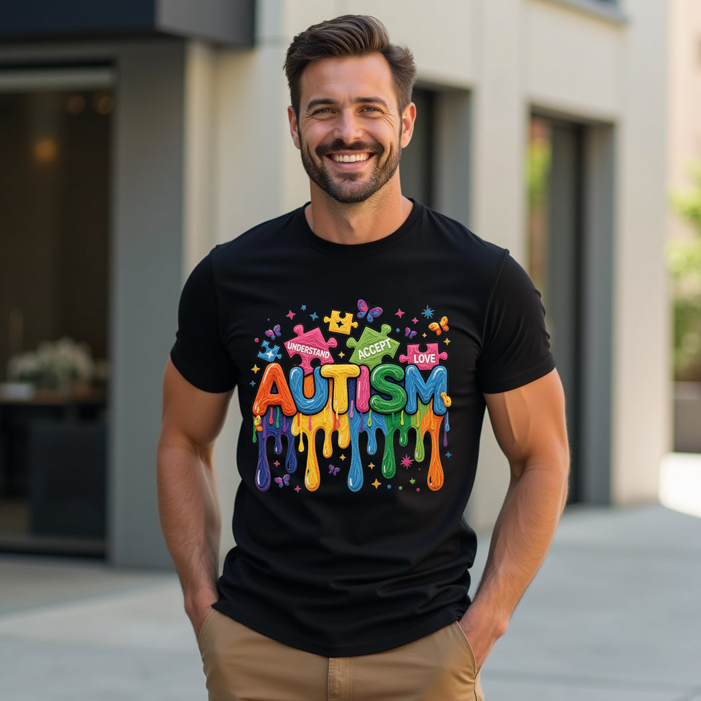 Man wearing a black t-shirt with colorful 'Autism' design outdoors.