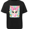 Black t-shirt with a colorful cat graphic featuring a polka dot bow, glasses, and a bubble gum ball on a white background.