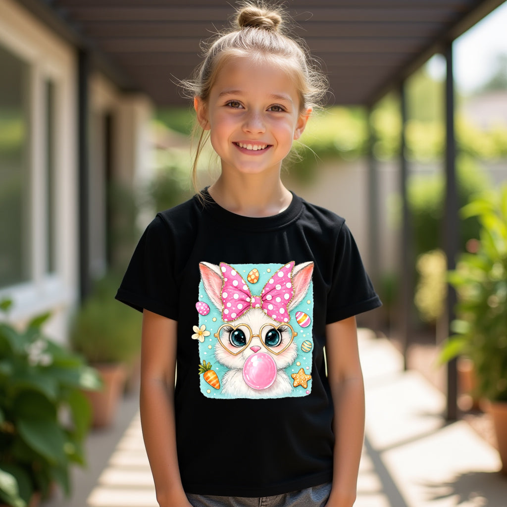 Young girl wearing a black t-shirt with a colorful bunny design outdoors.