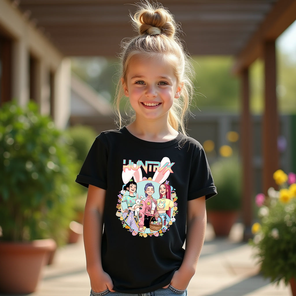 Young girl wearing a black easter kpop t-shirt with colorful graphic design outdoors