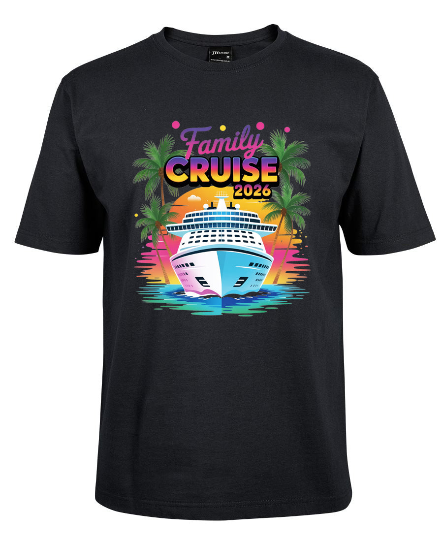 Black t-shirt with a colorful 'Family Cruise 2026' graphic design featuring a cruise ship and palm trees.