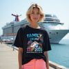 Woman wearing a 'Family Cruise Trip 2026' t-shirt with a cruise ship in the background.