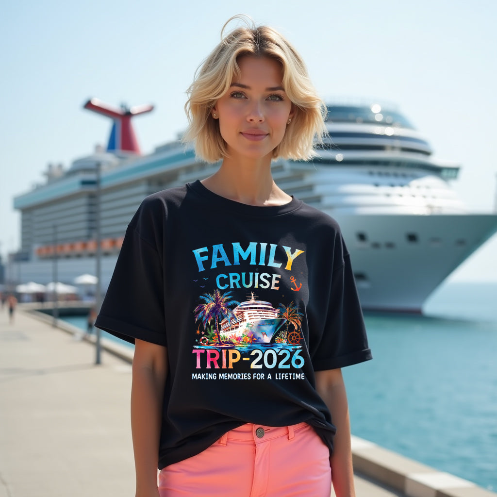 Woman wearing a 'Family Cruise Trip 2026' t-shirt with a cruise ship in the background.