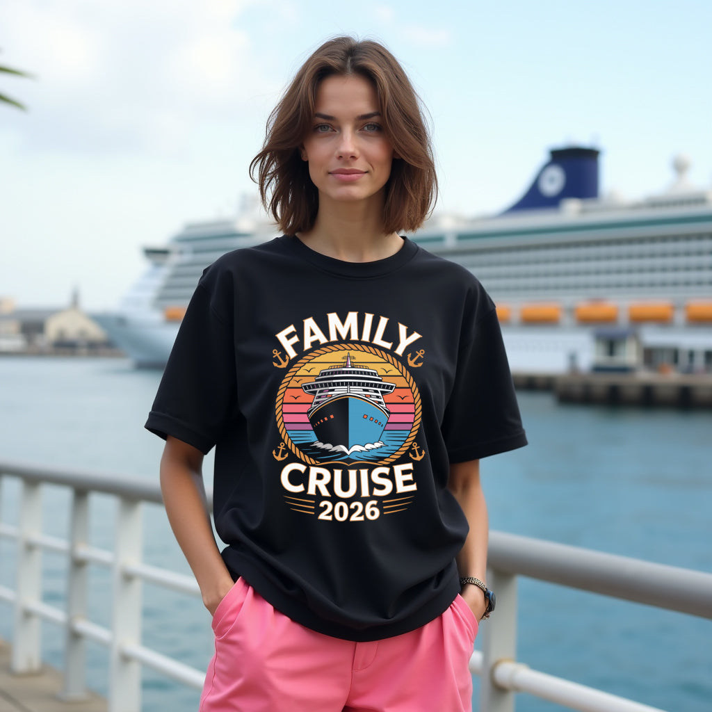 Woman wearing a black t-shirt with 'Family Cruise 2026' design by a cruise ship.