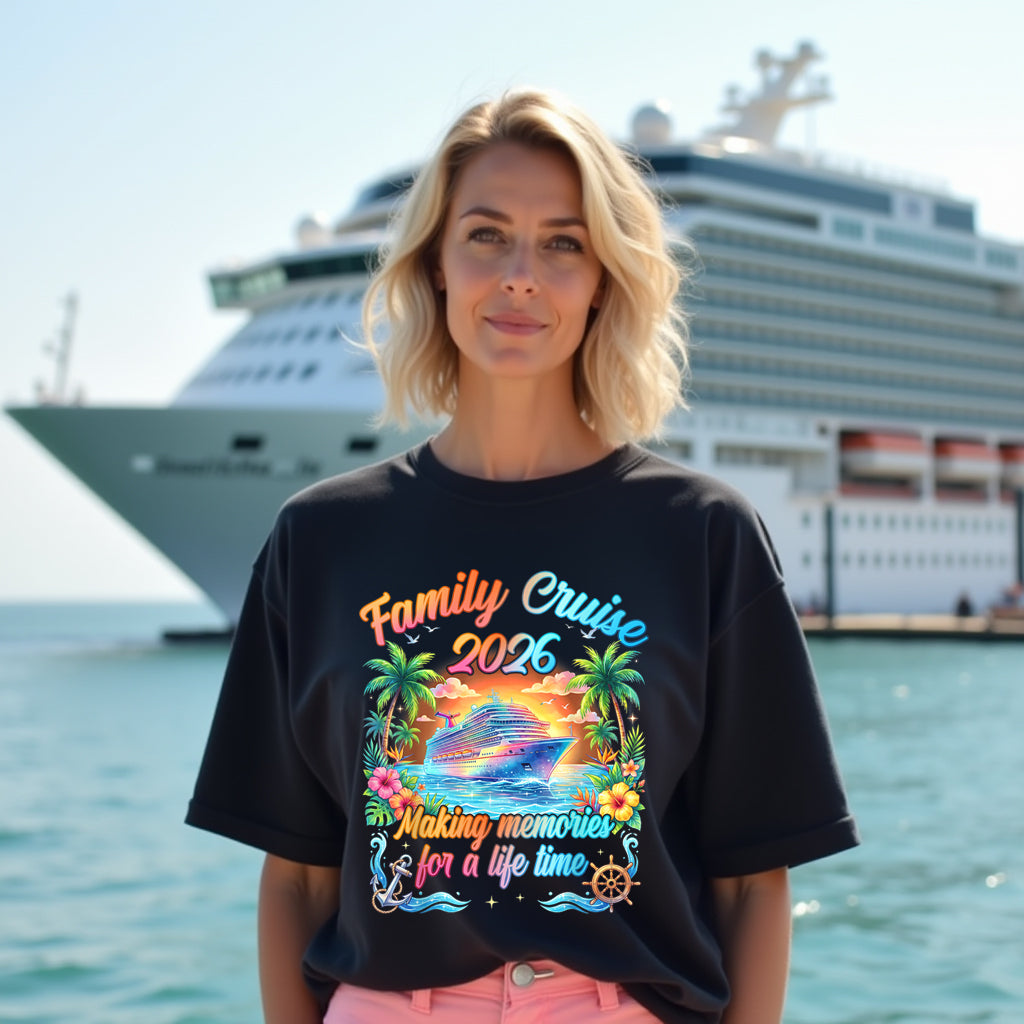 Woman wearing a 'Family Cruise 2026' t-shirt with a cruise ship in the background.