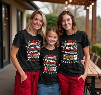 Family Christmas Merry & Bright Matching T-Shirts, festive outfit for family photos.