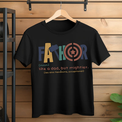 Flat lay of “Fathor” t-shirt featuring Thor-inspired hammer design and bold superhero-style font.