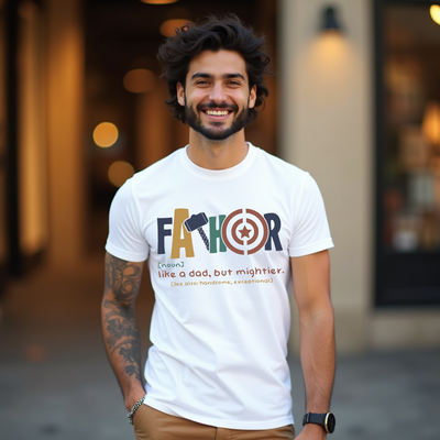 Thor-inspired Father’s Day shirt with “Fathor” graphic, styled for Marvel fan dads and superhero-themed gifting.