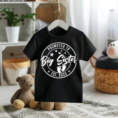 Girls’ t-shirt with “Promoted to Big Sister” design, perfect for pregnancy announcements and family celebrations.