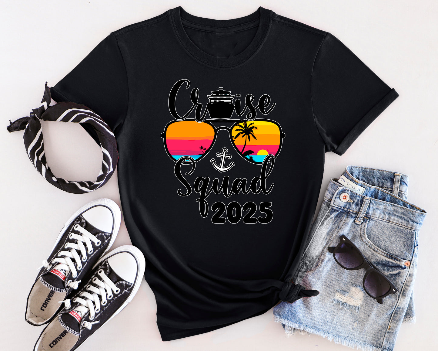 Matching cruise family t-shirts in navy with custom names for group travel