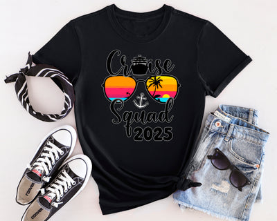 Matching cruise family t-shirts in navy with custom names for group travel