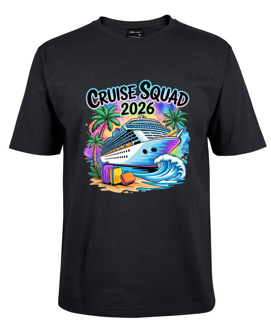 Black t-shirt with 'Cruise Squad 2026' graphic design featuring a cruise ship, palm trees, and beach elements.