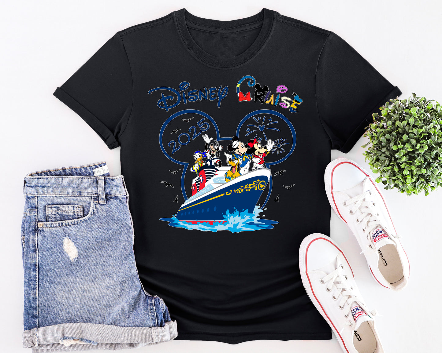 Flat lay of Mouse Ahoy Disney Cruise inspired t-shirt showing full front design - black shirt