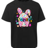 Black t-shirt with Easter graphic design featuring a colorful egg and bunny ears on a white background.