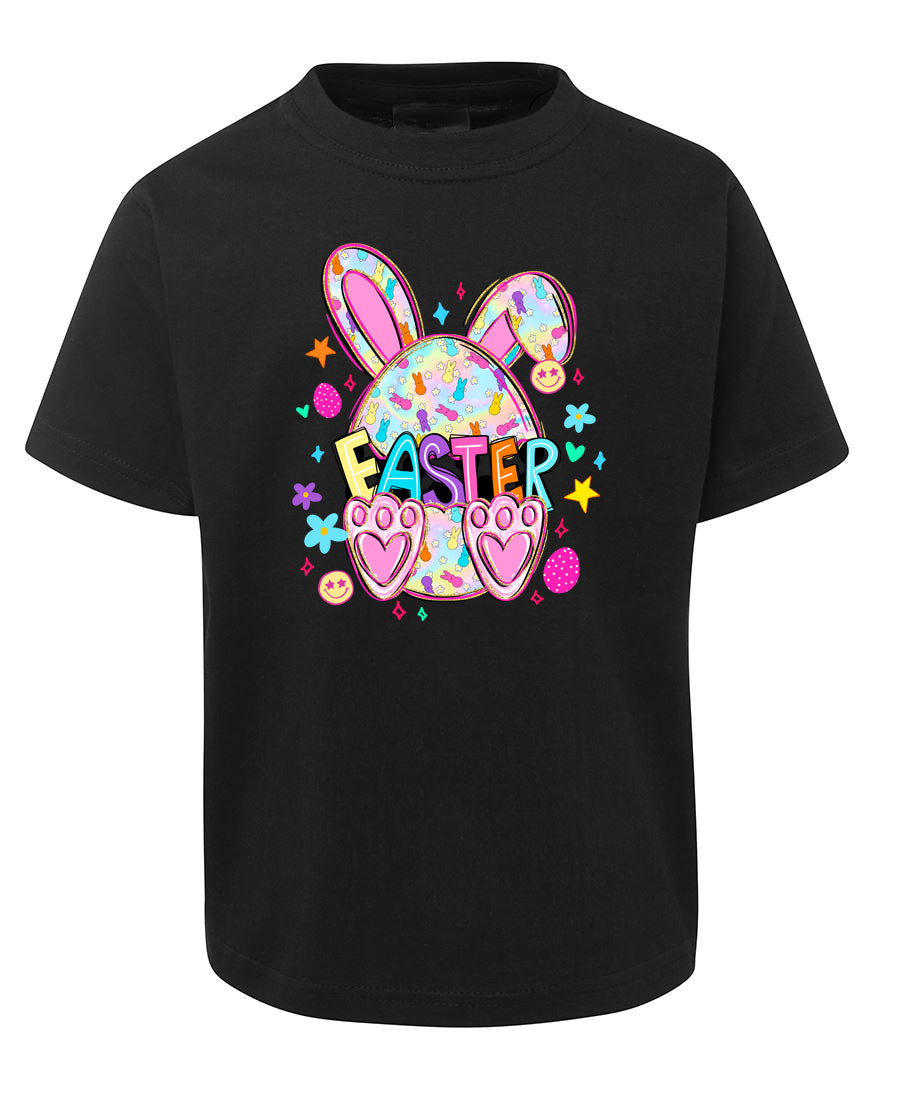 Black t-shirt with Easter graphic design featuring a colorful egg and bunny ears on a white background.