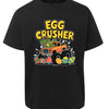 Black t-shirt with a colorful graphic of a truck and dinosaur crushing Easter eggs, labeled 'Egg Crusher'.