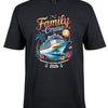Black t-shirt with 'Family Cruise 2026' graphic design featuring a cruise ship and tropical elements.