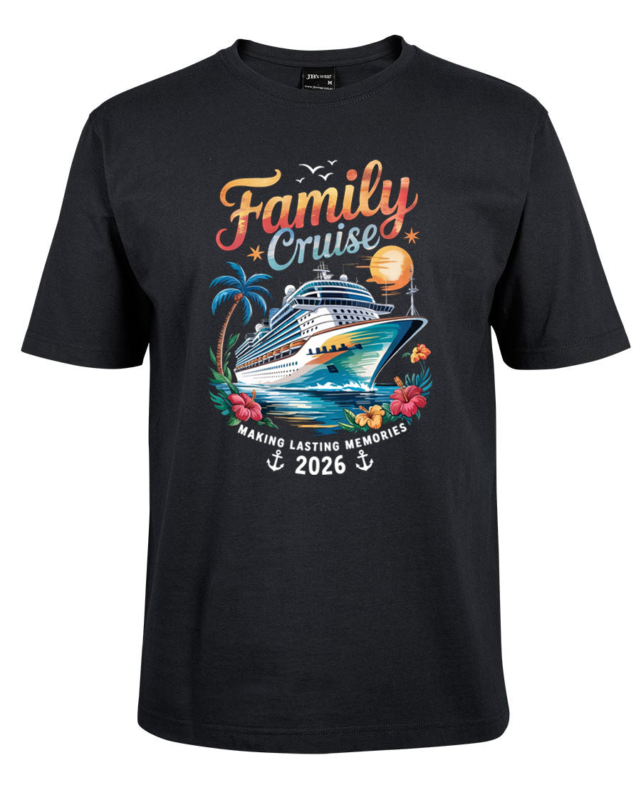 Black t-shirt with 'Family Cruise 2026' graphic design featuring a cruise ship and tropical elements.