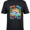Black t-shirt with colorful 'Family Cruise 2026' design featuring a ship, palm trees, and flowers on a white background.