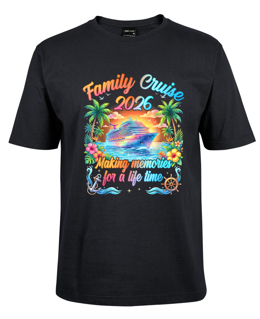 Black t-shirt with colorful 'Family Cruise 2026' design featuring a ship, palm trees, and flowers on a white background.